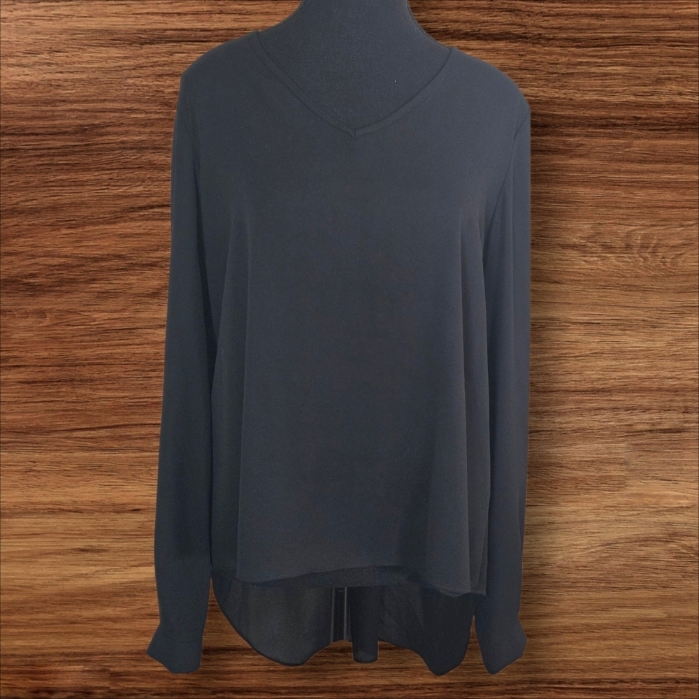 Joseph Ribkoff Sheer Black Hi Low Blouse With Gathered  Gold Button Back Size 6